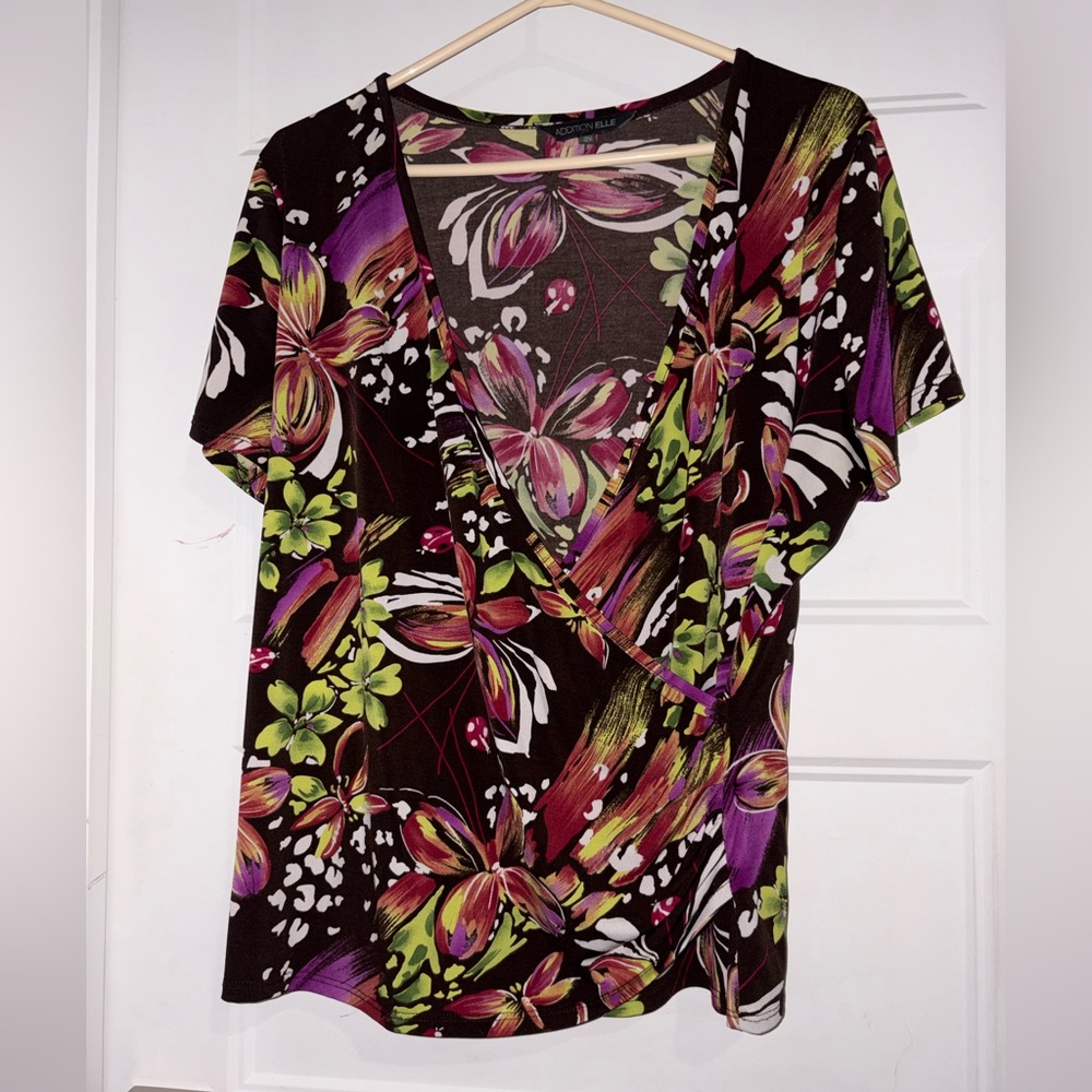 Addition Elle Multicolor Floral Faux-Wrap short-sleeves Blouse 2X EUC